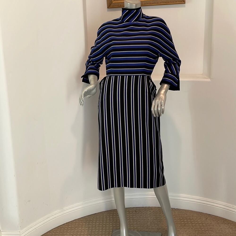 Olympia Le-Tan Striped Dress Sz 42 Blue Black Mock Neck Paris Designer - Picture 5 of 16
